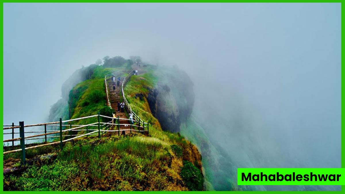 A panoramic view of the lush green hills and valleys of Mahabaleshwar, a popular hill station in Maharashtra, India